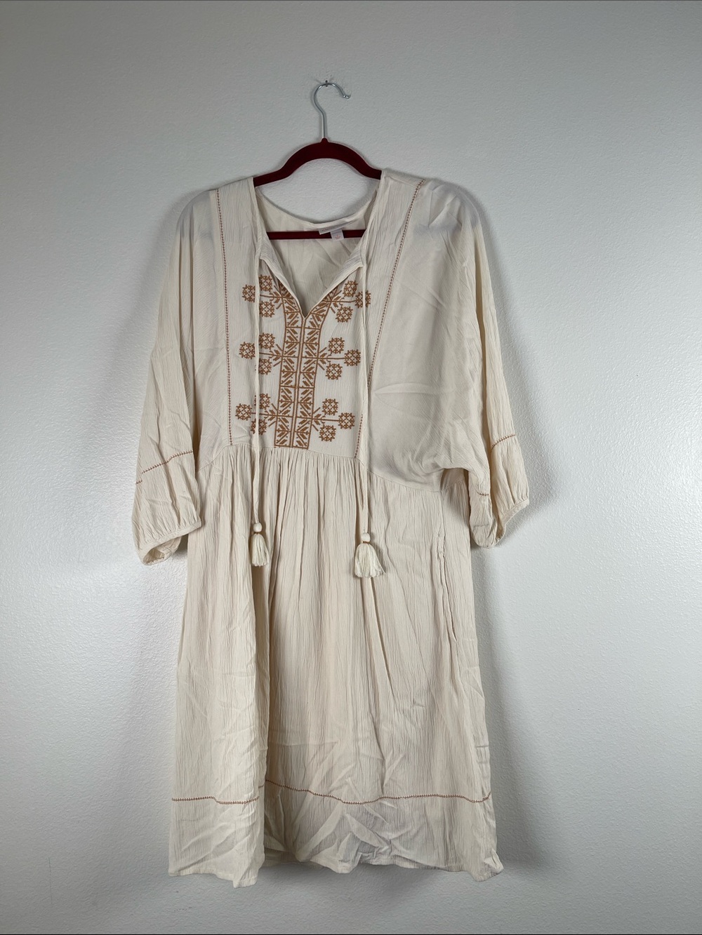 Cream Embroidered Peasant Dress with Tassel Tie